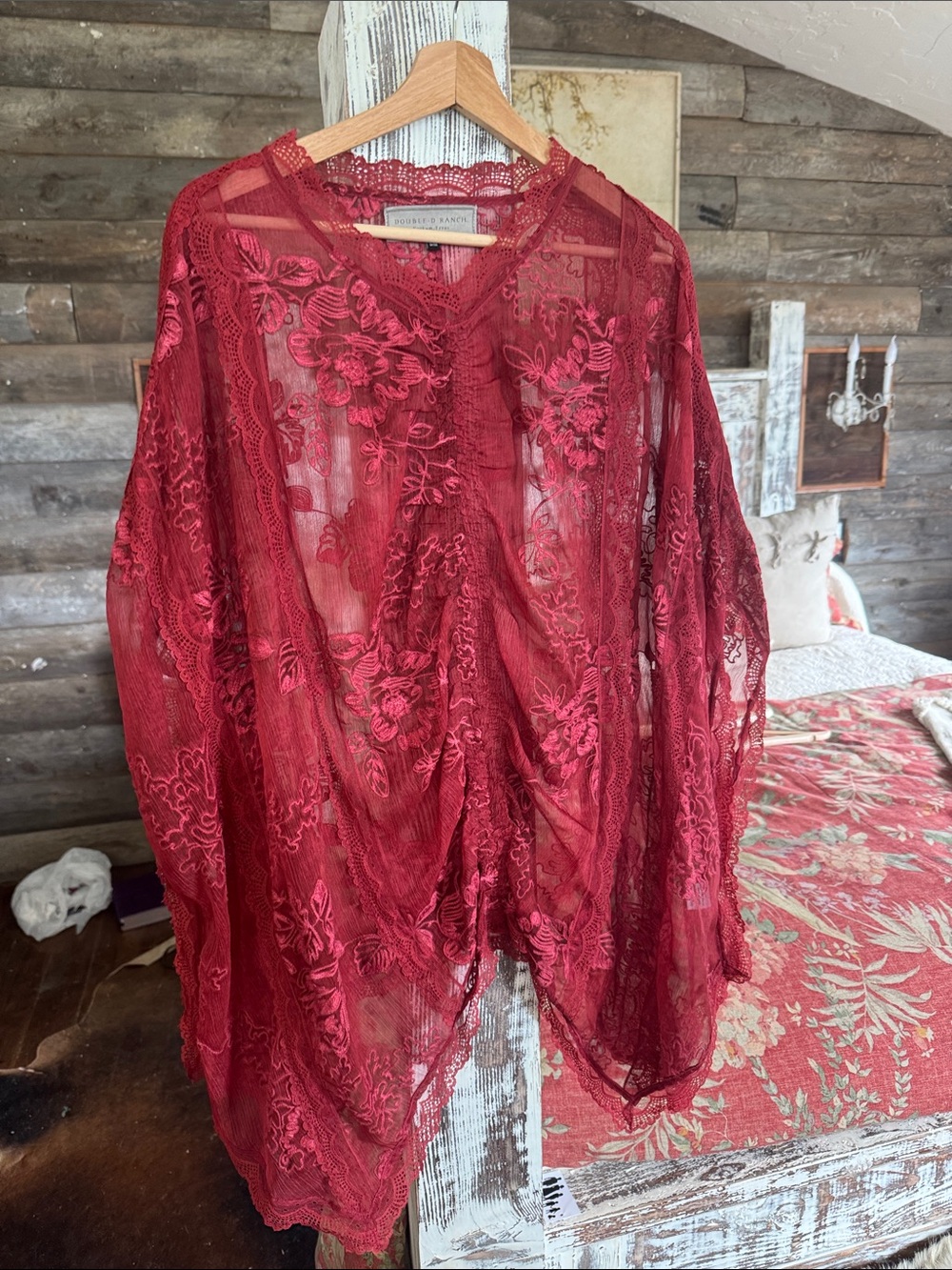 Double D Ranch Red Sheer Embroidered Lace Kimono